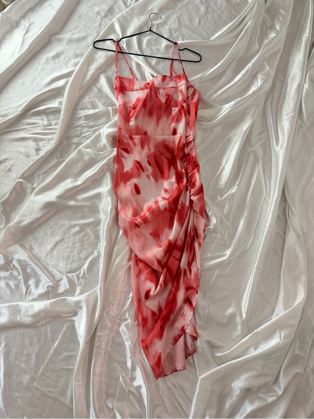 Red Watercolor Slip Dress with Ruched Side
